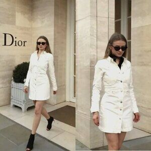 Zara Womens White Denim Shirt Dress With Button Front & Adjustable Waist - Size